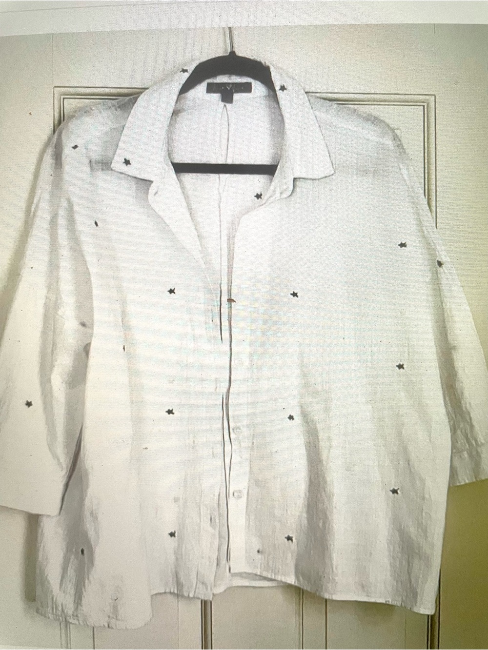 Velvet Heart White Cotton Button-Down Shirt with Black Star 3/4 Sleeves S Lg